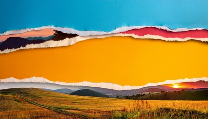 Abstract Artistic Collage With Torn Deckled Paper Edges In Bright Sunset Colors Colorful Mountains And Fields And Meadows With Copyspace Analog Aesthetic Art Technique