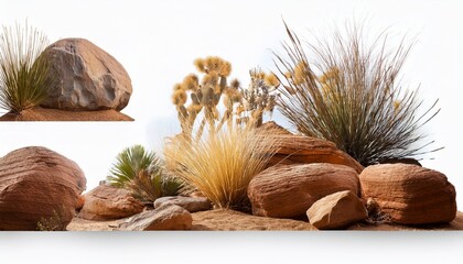 Desert Collection Dry Plants And Rocks Set Isolated On Transparent Background