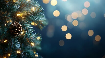 holiday illumination and decoration concept - christmas garland bokeh lights over dark blue background