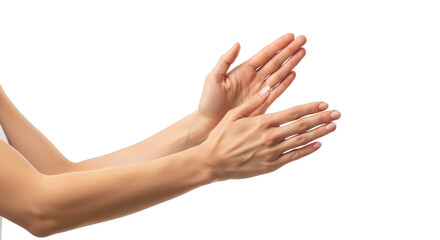 Two human hands clapping with palms facing each other and fingers spread isolated on a transparent background