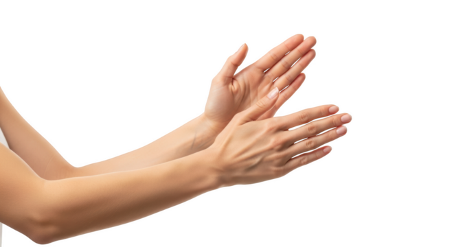 Two human hands clapping with palms facing each other and fingers spread isolated on a transparent background