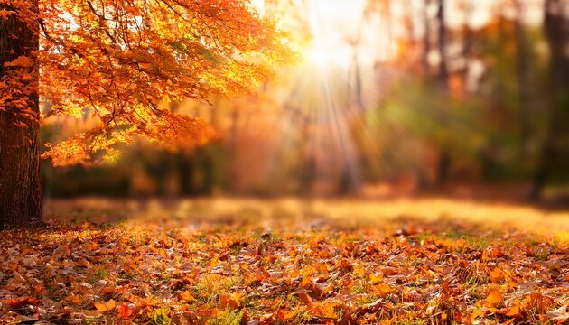 Orange Fall Leaves In Forest Autumn Natural Field Background With Blurred Bokeh And Sun Rays