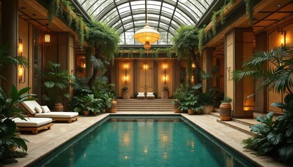 Indoor pool area in luxury hotel, exotic plants surround turquoise water. Wooden interior architecture blends with glass roof letting in natural light. Lounge chairs invite relaxation by calm water.