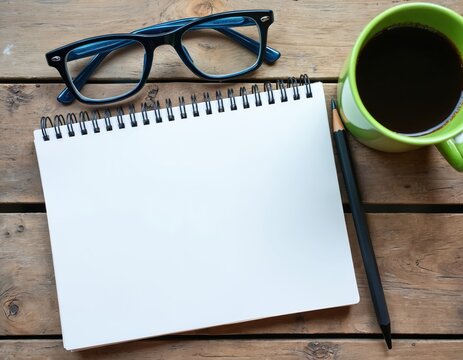 Blank notebook with glasses and coffee on wooden table. Pencil is ready for writing ideas or notes. Workspace for planning and creativity. Top view shot.