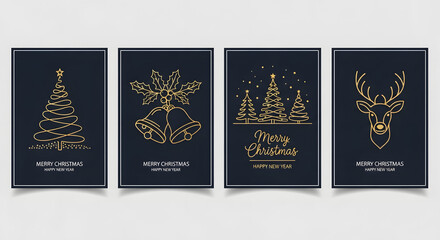 A collection of four minimalist gold line art christmas themed illustrations on dark blue background, including a tree, bells, trees with text, and a deer head