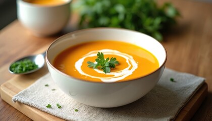 Bowl of creamy orange soup, garnished with fresh parsley and a swirl of cream. Served on a wooden board with a spoon of chopped herbs. Cozy meal.