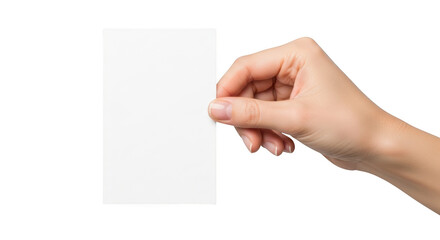 Obraz premium Woman's hand holding a blank white card with fingertips isolated on a transparent background image