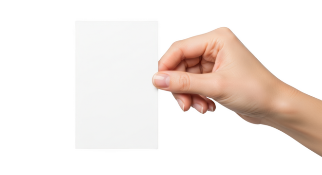 Woman's hand holding a blank white card with fingertips isolated on a transparent background image