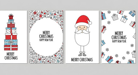 Four festive christmas and happy new year greeting card designs featuring stacked gift boxes, a circular pattern, santa claus portrait, and scattered presents