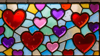 Colorful stained glass window with multicolored hearts and glass elements on a black background