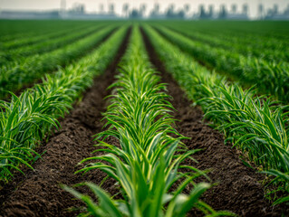 Young green corn plants growing in evenly spaced rows across fertile farmland with a city skyline blurred in the background under a clear sky