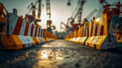 Row of weathered construction barriers lined up on rough asphalt road with an industrial crane-filled background during warm sunset light
