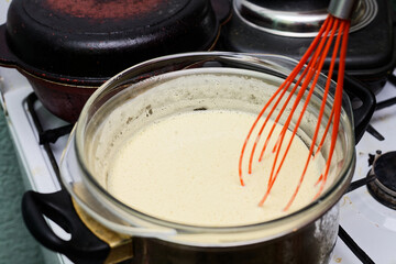 Stirring Creamy Mixture in Saucepan on Gas Stove