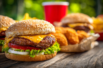 Juicy grilled cheeseburger with fresh lettuce, tomato, and onion served on a sesame seed bun with crispy fried chicken and fries on rustic wooden table outdoors