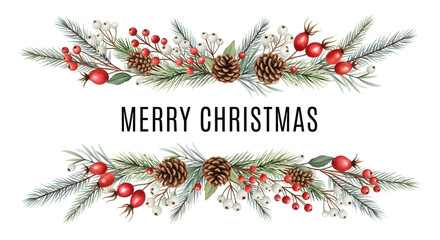 Watercolor merry christmas floral garland with pine branches, pinecones, berries, and snowflakes, elegant festive border design on a white background