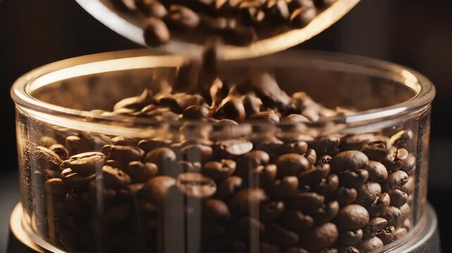 Observing the artful design of freshly roasted coffee beans elegantly falling into a transparent container, an essential step in crafting the perfect brew