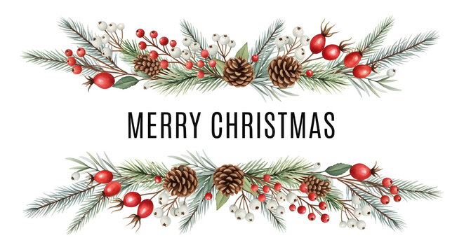 Watercolor merry christmas floral garland with pine branches, pinecones, berries, and snowflakes, elegant festive border design on a white background