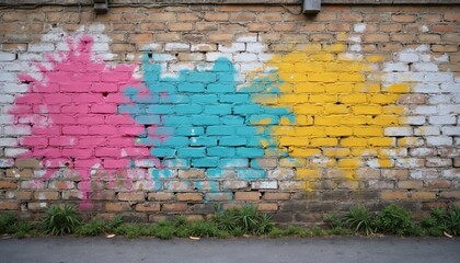Painted brick wall forms urban backdrop. Pink blue yellow spots stain wall. Grass grows at base of street wall. Weathered brick texture creates colorful vintage pattern on old building wall. Abstract