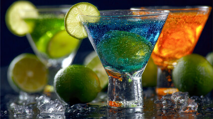 Vibrant colorful cocktails in glasses garnished with lime slices surrounded by fresh limes and melting ice cubes on a dark reflective surface