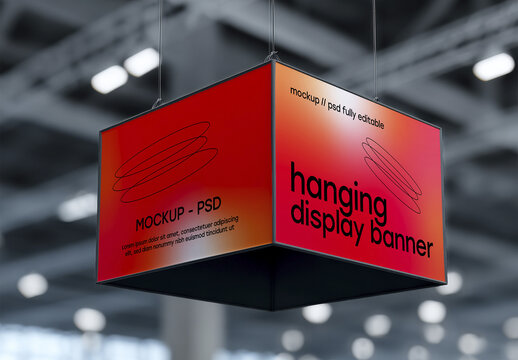 Hanging Display Banner Mockup in Exhibition Hall