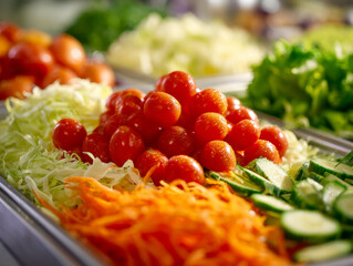 Fresh assorted salad bar ingredients featuring cherry tomatoes, shredded carrots, sliced cucumbers, and leafy greens arranged in trays for a healthy meal option
