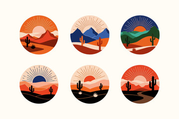 Desert Landscape Circle Illustrations, Set of Six, Sun and Cacti