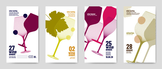 Design templates with wine elements for banners, posters, flyers, and ads. Minimalist style with silhouettes of wine symbols. Vector illustration.