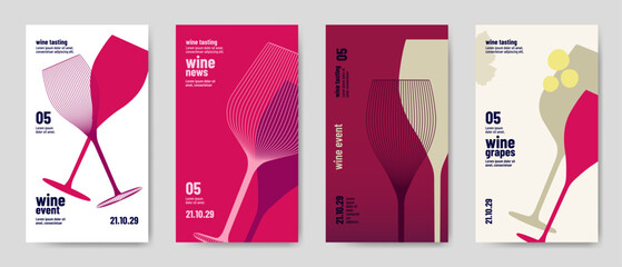 Design templates with wine elements for banners, posters, flyers, and ads. Minimalist style with silhouettes of wine symbols. Vector illustration.