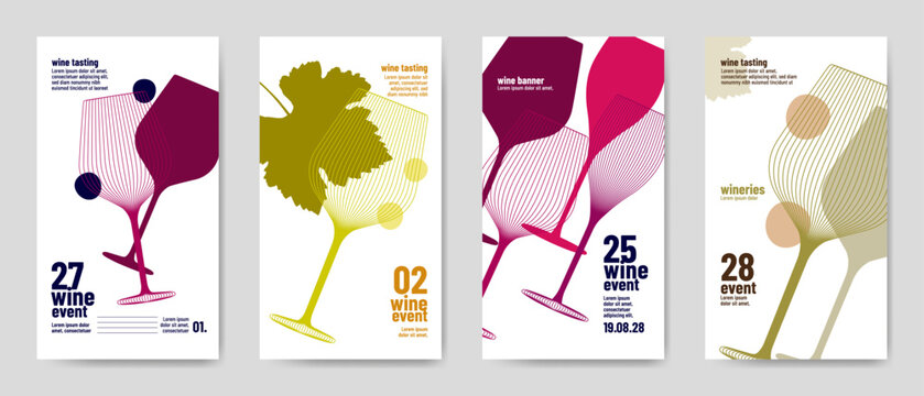 Design templates with wine elements for banners, posters, flyers, and ads. Minimalist style with silhouettes of wine symbols. Vector illustration.