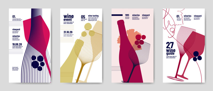 Design templates with wine elements for banners, posters, flyers, and ads. Minimalist style with silhouettes of wine symbols. Vector illustration. - Powered by Adobe
