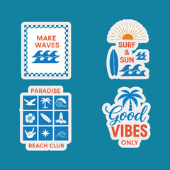 Summer Stickers Set Surf, Waves, Sun, Beach Club, Good Vibes, Paradise, Vector Illustration