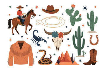 Cowboy Western Elements Set, Horse Riding, Cactus, Skull, Boots, Vector Illustration