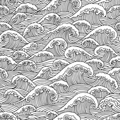Ocean Waves Pattern, Sea Wave Background, Black and White, Japanese Style, Seamless