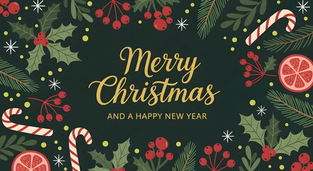 Festive merry christmas and happy new year greeting card with holly, berries, candy canes, and orange slices on a dark green background