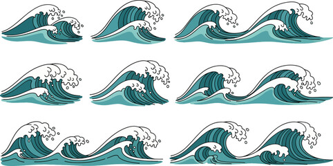 Ocean Waves Illustration Set, Japanese Style, Water, Sea Elements