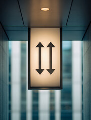 Illuminated sign with up and down arrows suspended in modern architectural hallway symbolizing direction and movement in urban office building environment