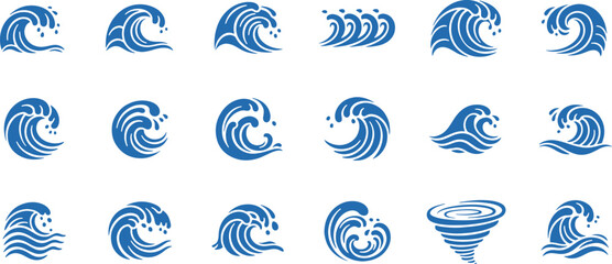 Wave Icons Set - Vector Illustrations of Ocean Waves, Storm, and Swirl Designs