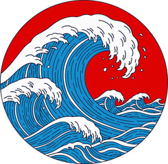 Japanese Wave Art Red Circle Crest, Ocean Waves Illustration