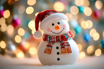 https://s.mj.run/-CkVnFFuv_w A cute snowman with colorful lights in the background, a white Christmas tree decoration on a blurred light background, in close-up. New Year concept. Shallow depth of