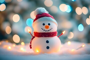 Fototapeta premium https://s.mj.run/-CkVnFFuv_w A cute snowman with colorful lights in the background, a white Christmas tree decoration on a blurred light background, in close-up. New Year concept. Shallow depth of