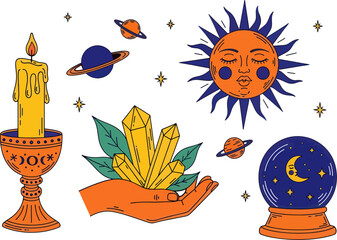 Mystical Celestial Elements Illustration Sun, Crystals, Candle, Planets, and Magic Ball