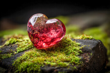 Red glass heart resting on vibrant green moss covering an aged tree stump with blurred natural background in a serene forest setting