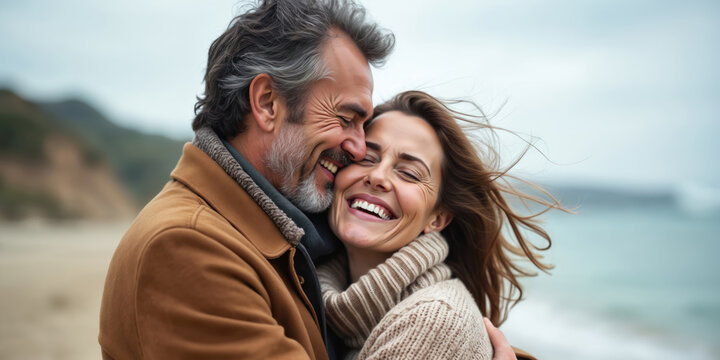 Middle aged couple hugs on beach. Man and woman laugh happily, enjoying warm embrace. They share love, joy on a romantic seaside trip, feeling affection for each other in nature during vacation. - Powered by Adobe