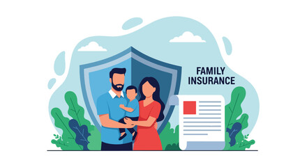 Flat vector of parents and child under heart shield symbolizing life insurance protection. Solid pastel tones, no gradients, ideal for finance blogs, ads, and policy infographics