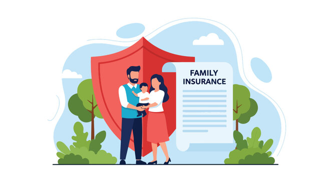 Flat vector of parents and child under heart shield symbolizing life insurance protection. Solid pastel tones, no gradients, ideal for finance blogs, ads, and policy infographics