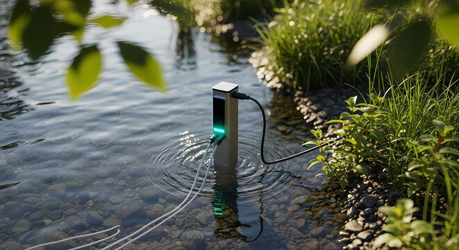 A futuristic electronic device with a green light submerged in a clear river, blending technology with nature.