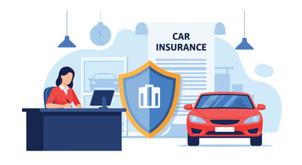 Flat vector of driver signing car insurance near protected vehicle and shield. Solid blue tones, no gradients, ideal for auto insurance websites and digital advertising use