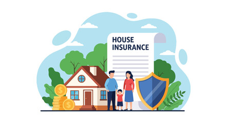 Flat vector scene of family and house for home insurance protection. ideal for property, banking, and housing service promotions