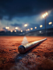 Wooden baseball bat laying on red dirt near home plate under glowing stadium lights during dusk on an empty sports field