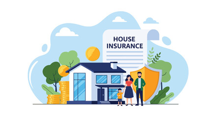 Flat vector scene of family and house for home insurance protection. ideal for property, banking, and housing service promotions